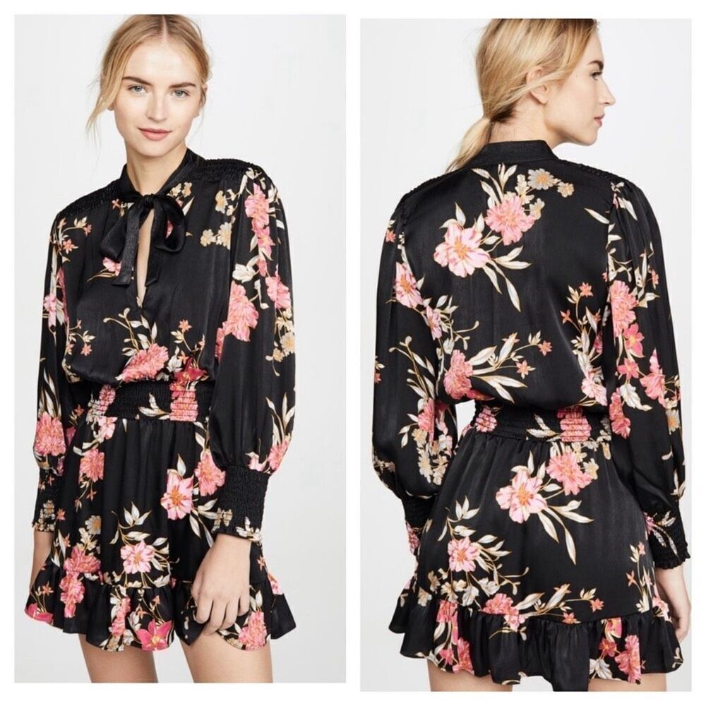 Misa Los Angeles Iyana Tie-Neck Smocked Waist Mini Dress Black Floral Sz S
